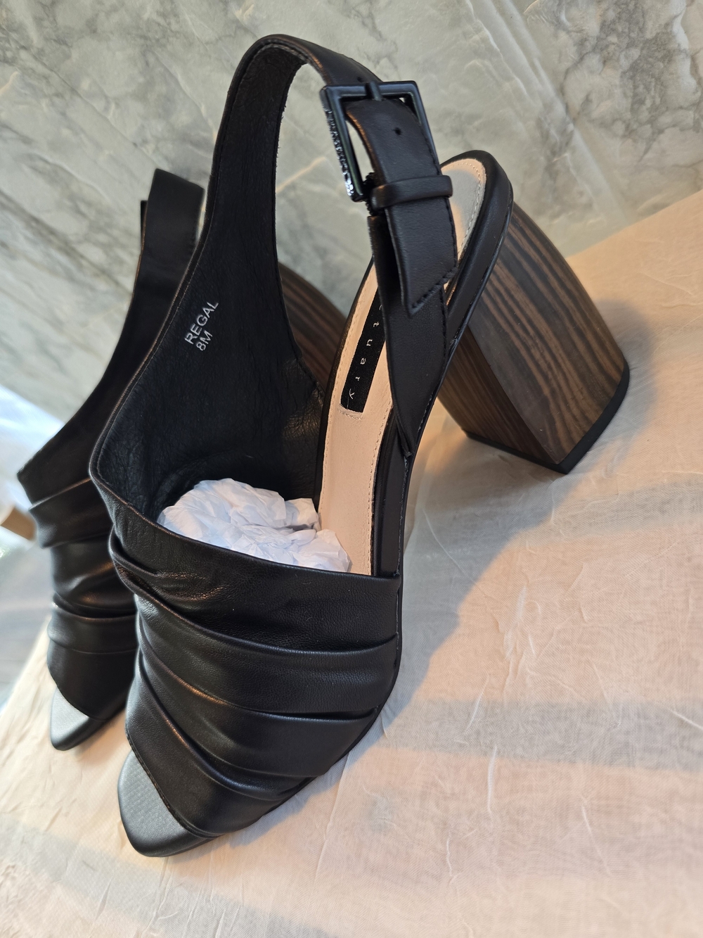 Samctuary Ruched Black Slingback Block Heel Sandals - Women's